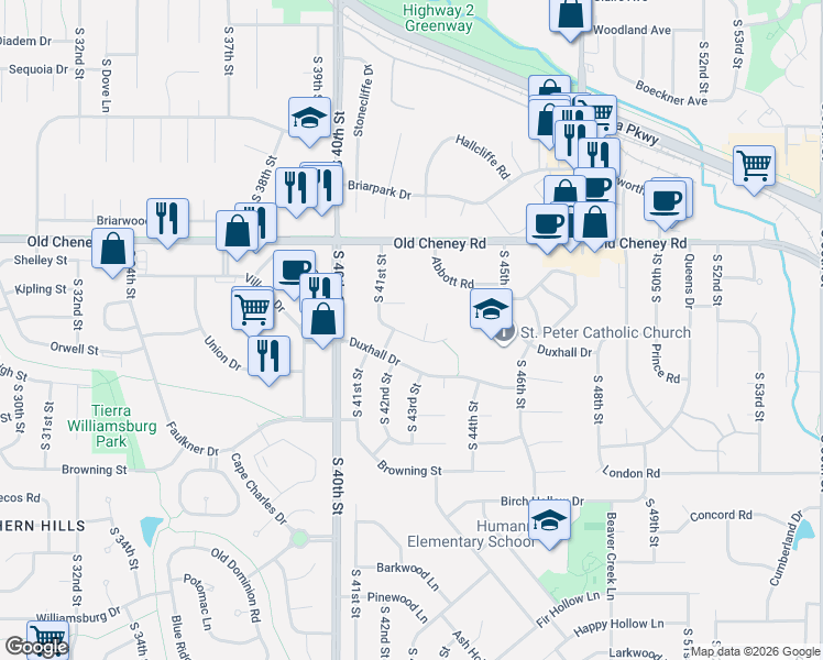 map of restaurants, bars, coffee shops, grocery stores, and more near 4301 Jacquelyn Circle in Lincoln