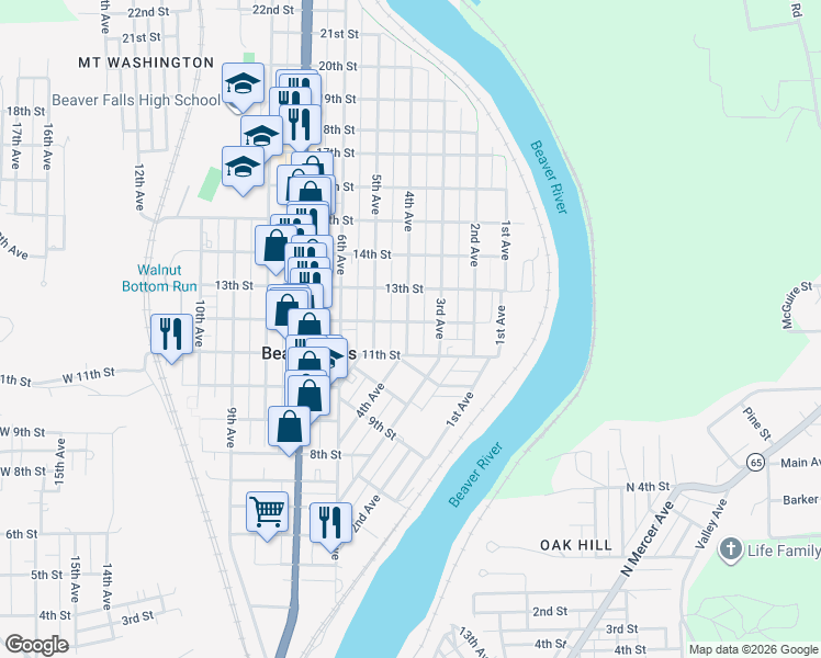 map of restaurants, bars, coffee shops, grocery stores, and more near 306 11th Street in Beaver Falls