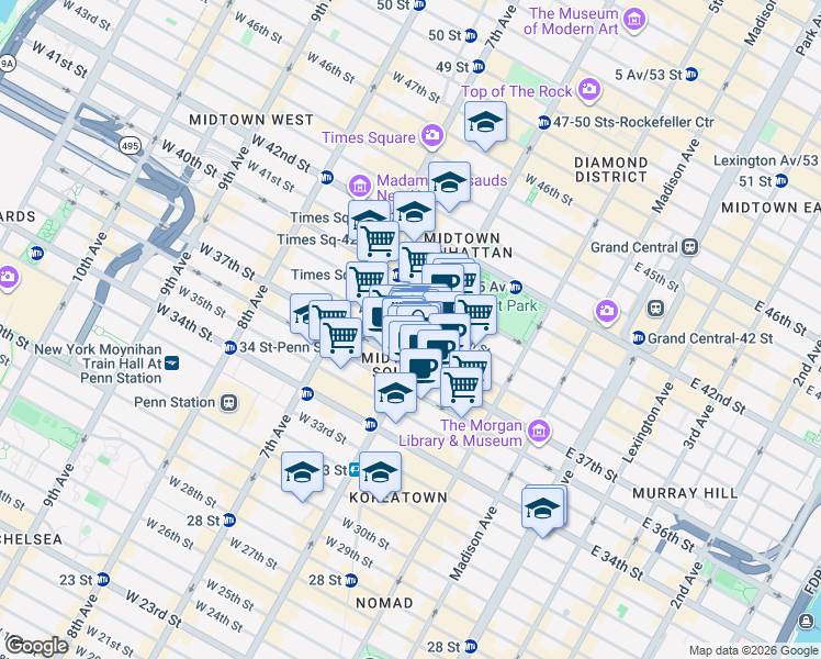 map of restaurants, bars, coffee shops, grocery stores, and more near 109 West 38th Street in New York