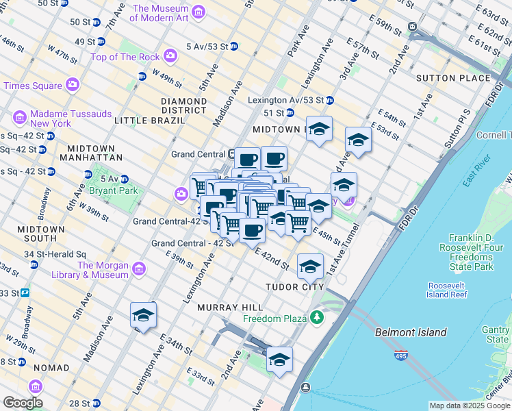 map of restaurants, bars, coffee shops, grocery stores, and more near 140 East 45th Street in New York