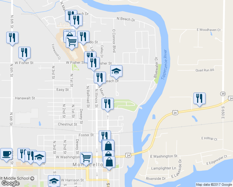 map of restaurants, bars, coffee shops, grocery stores, and more near 215 South Beach Drive in Monticello