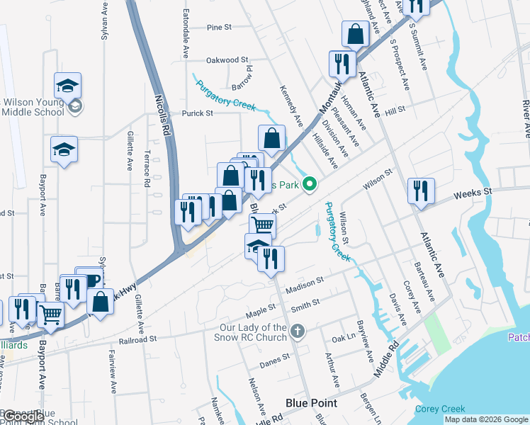 map of restaurants, bars, coffee shops, grocery stores, and more near 238 Blue Point Avenue in Blue Point