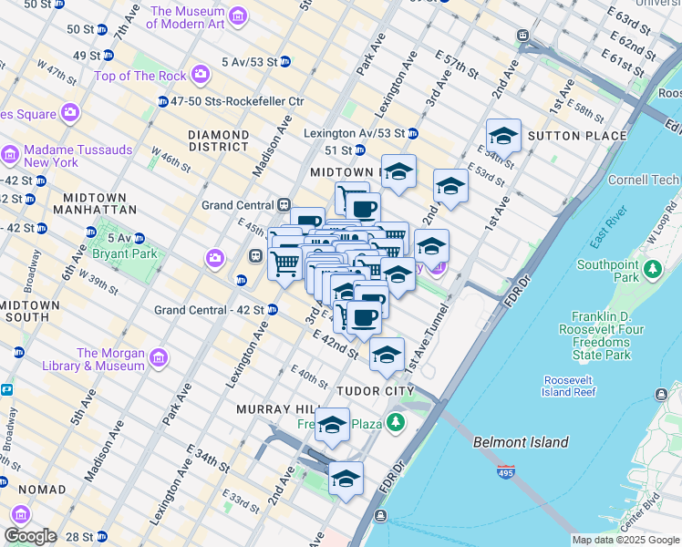 map of restaurants, bars, coffee shops, grocery stores, and more near 685 3rd Avenue in New York