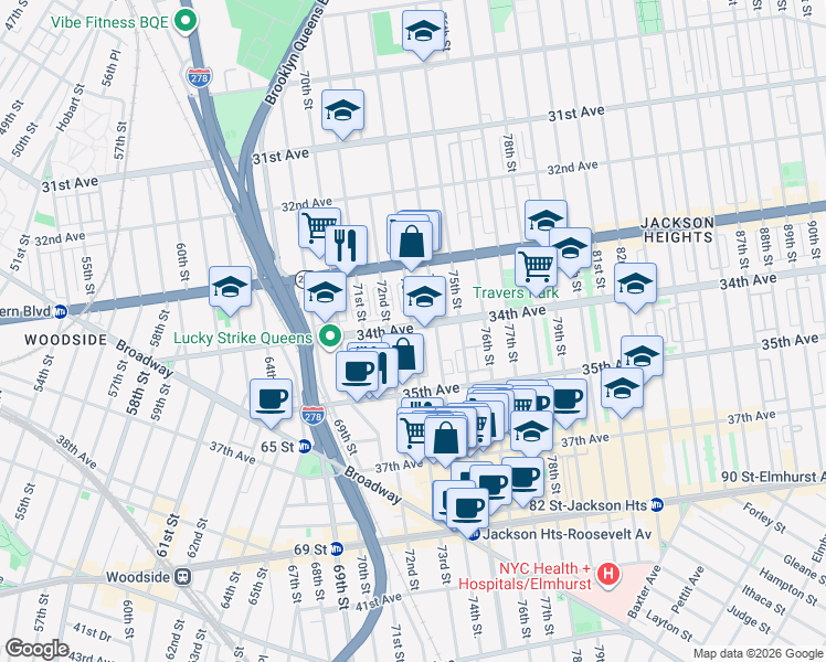 map of restaurants, bars, coffee shops, grocery stores, and more near 34-1 73rd Street in Queens