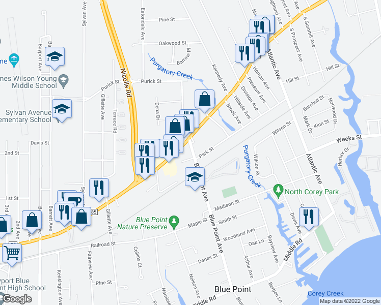 map of restaurants, bars, coffee shops, grocery stores, and more near 250 Blue Point Avenue in Blue Point