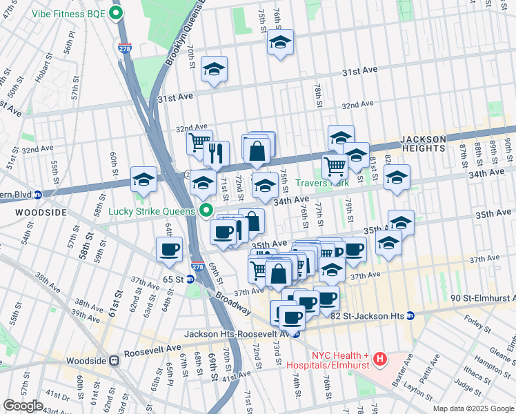 map of restaurants, bars, coffee shops, grocery stores, and more near 34-1 73rd Street in Queens