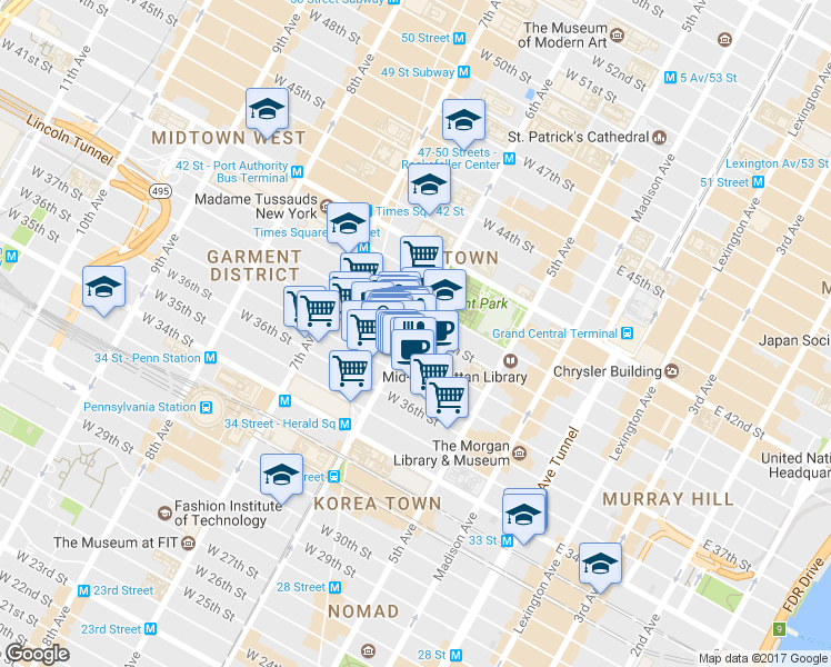 map of restaurants, bars, coffee shops, grocery stores, and more near 1032 Avenue of the Americas in New York