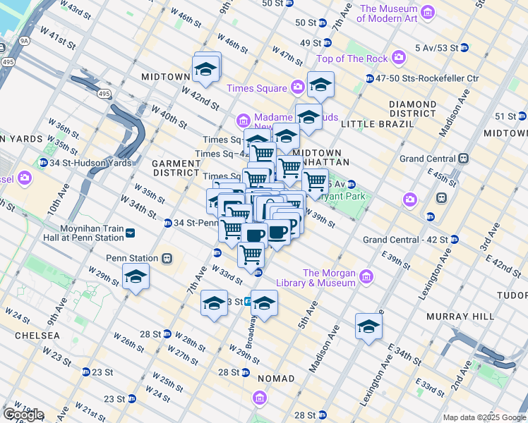 map of restaurants, bars, coffee shops, grocery stores, and more near 1385 Broadway in New York