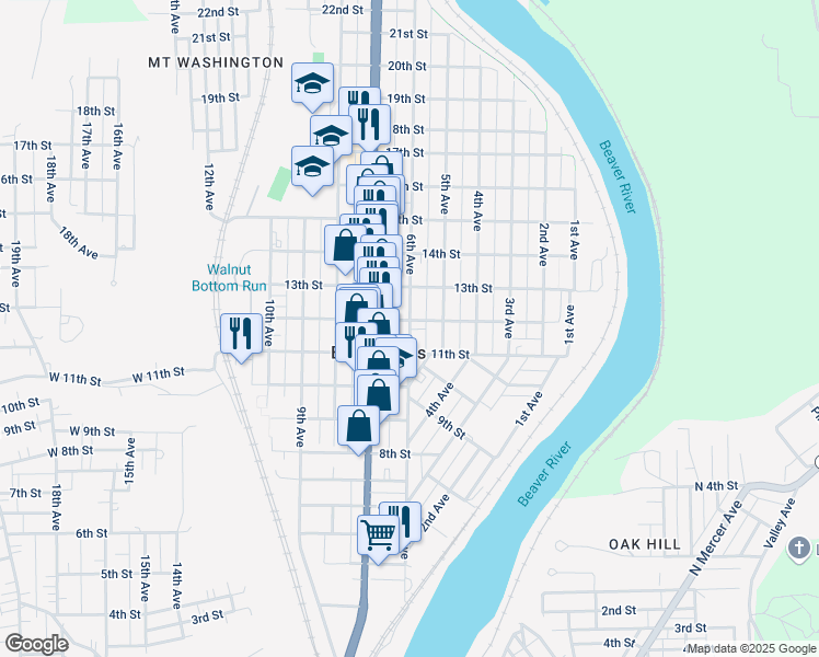 map of restaurants, bars, coffee shops, grocery stores, and more near 1123 6th Avenue in Beaver Falls