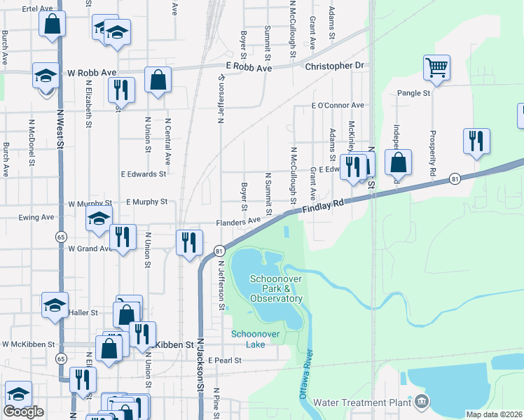 map of restaurants, bars, coffee shops, grocery stores, and more near 592-768 Findlay Road in Lima