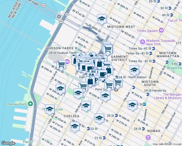 map of restaurants, bars, coffee shops, grocery stores, and more near 401 9th Avenue in New York