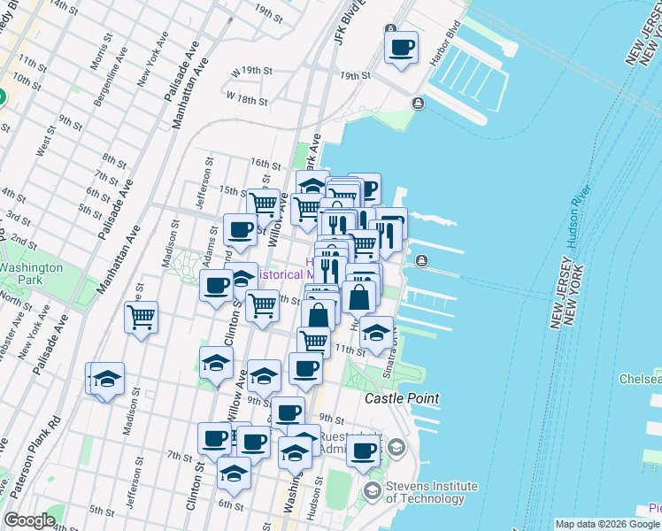 map of restaurants, bars, coffee shops, grocery stores, and more near 1305 Bloomfield Street in Hoboken