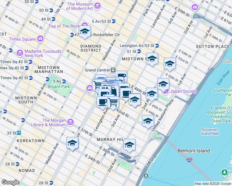 map of restaurants, bars, coffee shops, grocery stores, and more near Lexington Ave & E 44th St in New York