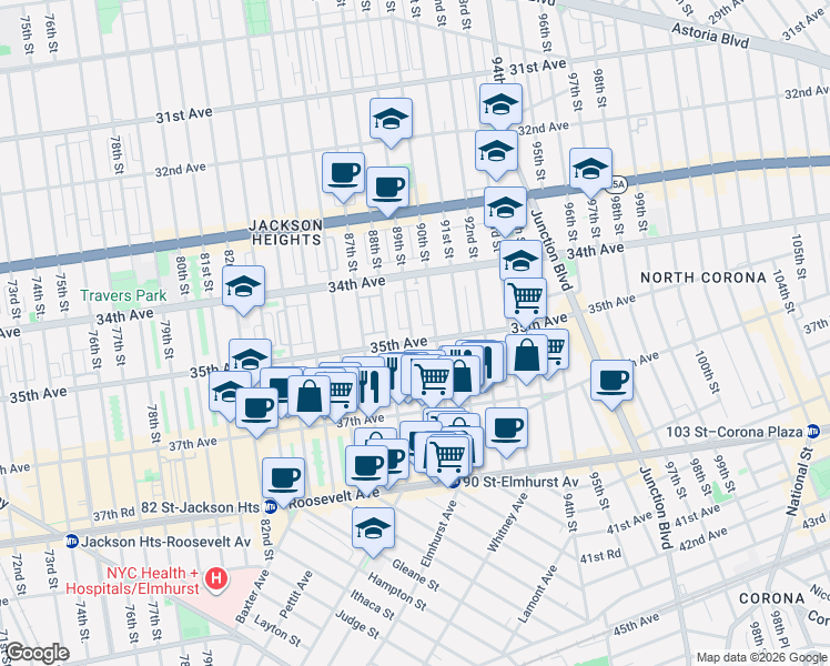 map of restaurants, bars, coffee shops, grocery stores, and more near 34-59 89th Street in Queens