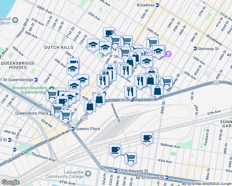 map of restaurants, bars, coffee shops, grocery stores, and more near in Queens
