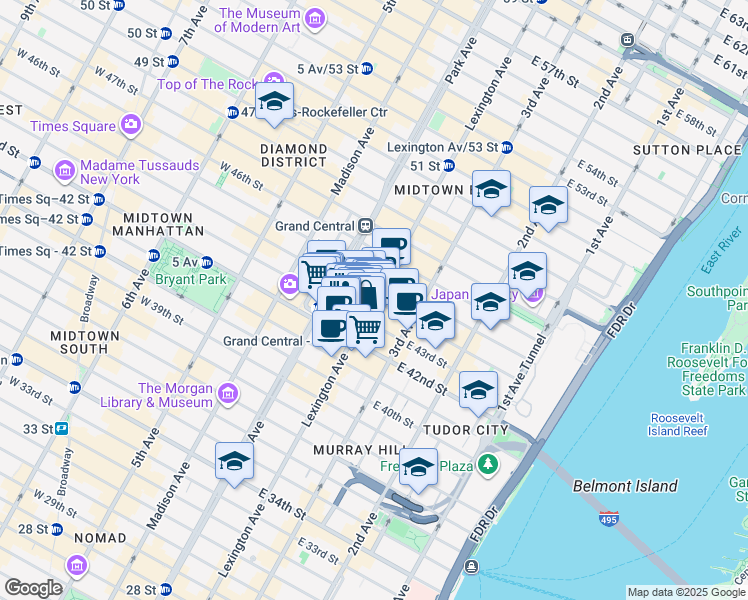 map of restaurants, bars, coffee shops, grocery stores, and more near Lexington Avenue in New York
