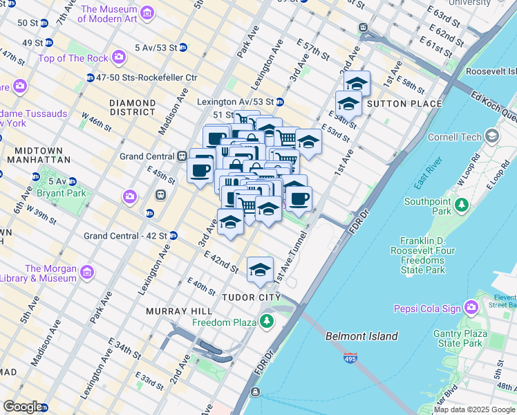 map of restaurants, bars, coffee shops, grocery stores, and more near 239 East 46th Street in New York