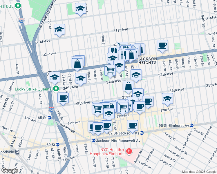 map of restaurants, bars, coffee shops, grocery stores, and more near 78-1 34th Avenue in Queens