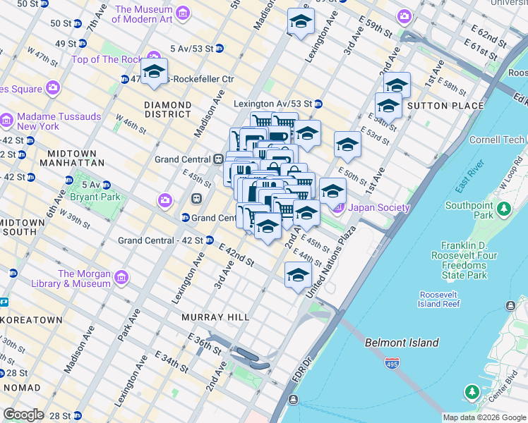 map of restaurants, bars, coffee shops, grocery stores, and more near 750 3rd Avenue in New York