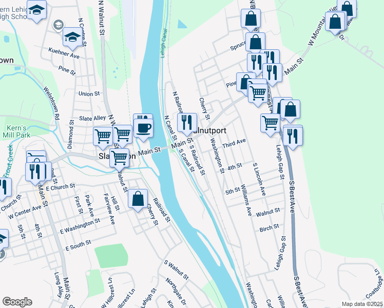 map of restaurants, bars, coffee shops, grocery stores, and more near 202 South Railroad Street in Walnutport
