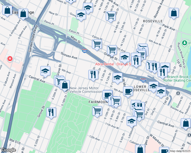 map of restaurants, bars, coffee shops, grocery stores, and more near 85 South 14th Street in Newark
