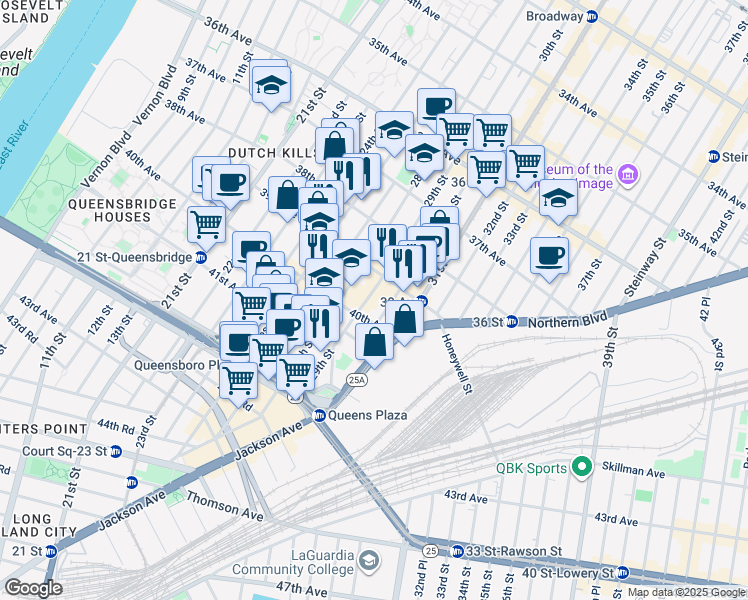 map of restaurants, bars, coffee shops, grocery stores, and more near 39-25 29th Street in Queens