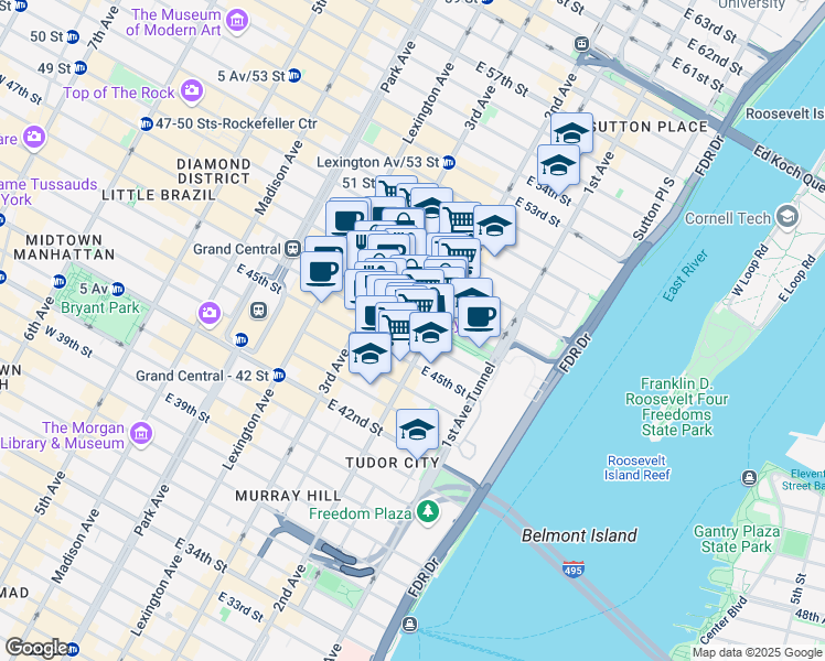 map of restaurants, bars, coffee shops, grocery stores, and more near 237 East 46th Street in New York