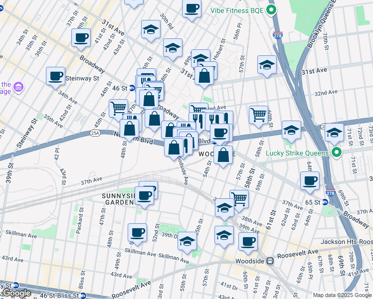 map of restaurants, bars, coffee shops, grocery stores, and more near 02 Northern Boulevard in Queens