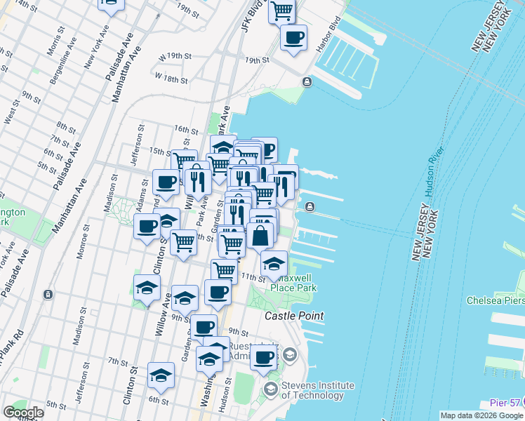 map of restaurants, bars, coffee shops, grocery stores, and more near 1400 Hudson Street in Hoboken