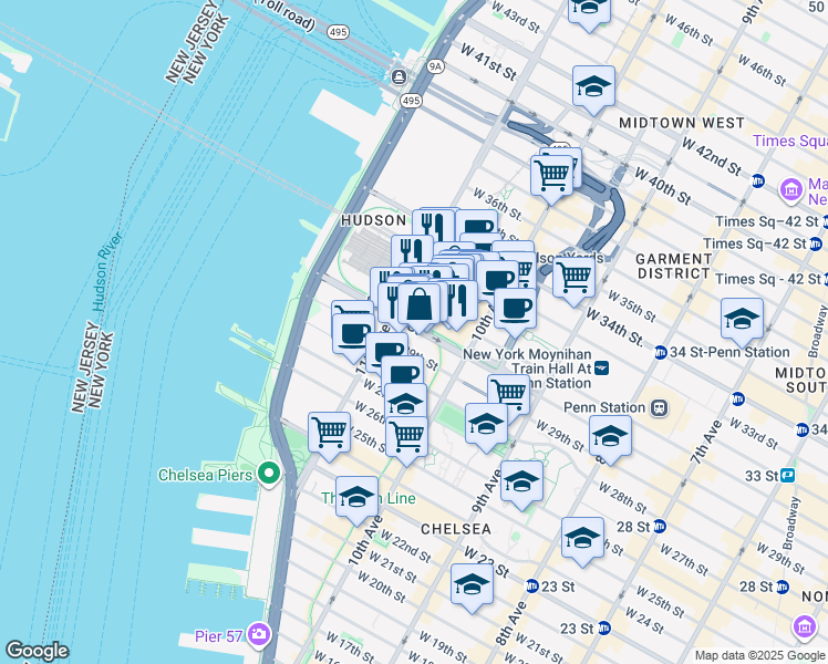 map of restaurants, bars, coffee shops, grocery stores, and more near 536 West 30th Street in New York