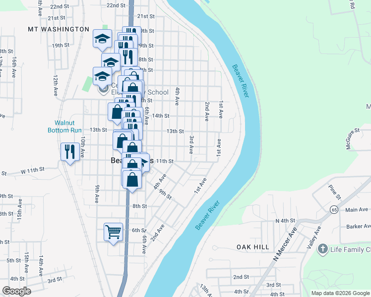 map of restaurants, bars, coffee shops, grocery stores, and more near 1217 3rd Avenue in Beaver Falls