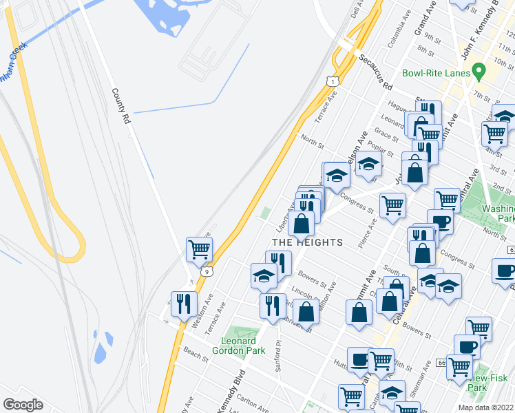 map of restaurants, bars, coffee shops, grocery stores, and more near 194 Bleecker Street in Jersey City