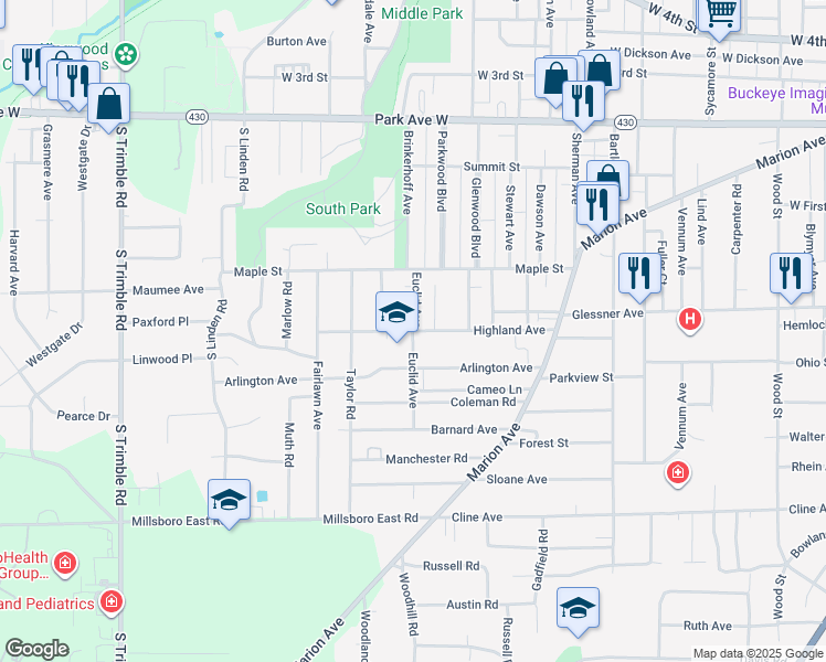 map of restaurants, bars, coffee shops, grocery stores, and more near 240 Euclid Avenue in Mansfield
