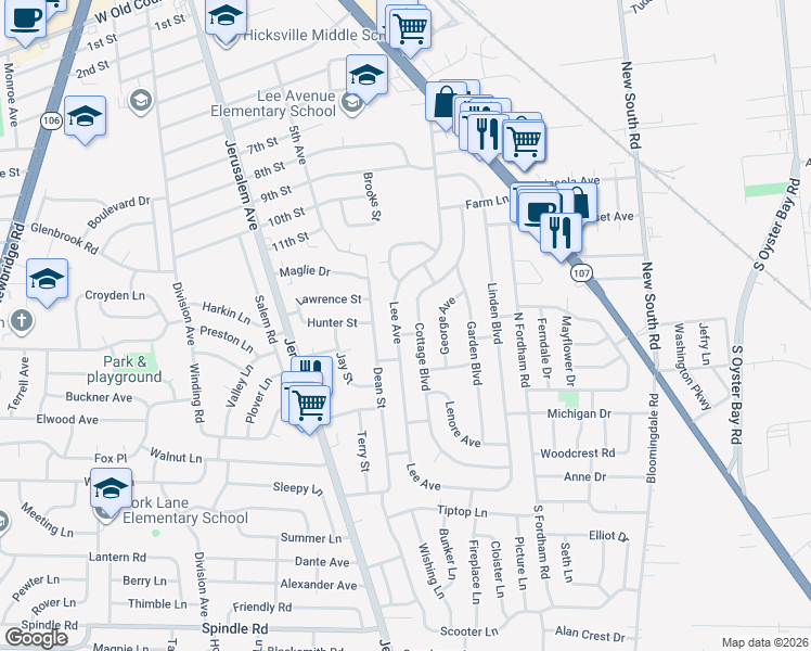 map of restaurants, bars, coffee shops, grocery stores, and more near 100 Lee Avenue in Hicksville