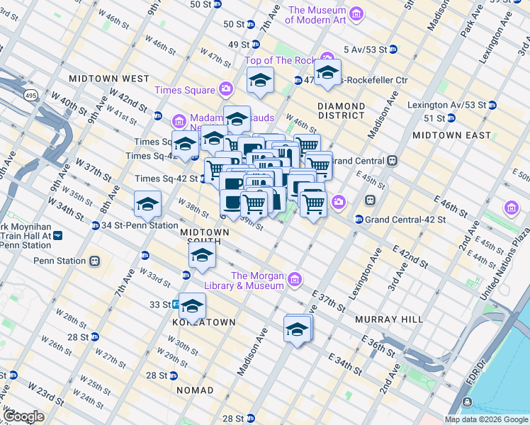 map of restaurants, bars, coffee shops, grocery stores, and more near 27 W 40th St in New York