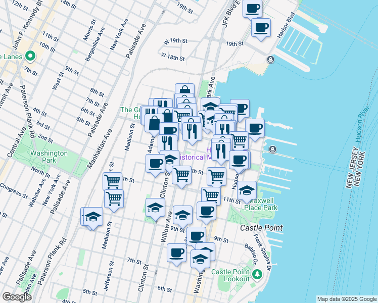 map of restaurants, bars, coffee shops, grocery stores, and more near 1327 Willow Avenue in Hoboken