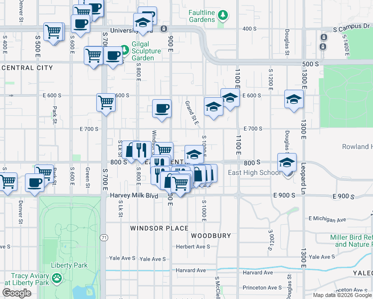 map of restaurants, bars, coffee shops, grocery stores, and more near 940 East 700 South in Salt Lake City