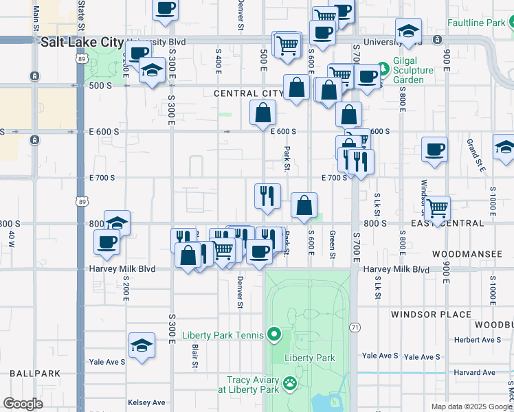 map of restaurants, bars, coffee shops, grocery stores, and more near 719 Gudgel Court in Salt Lake City