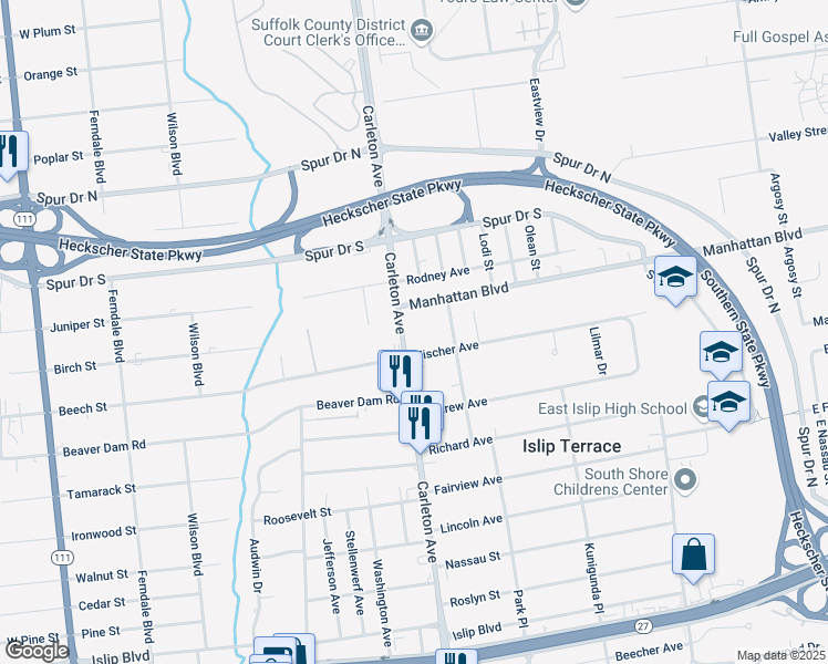 map of restaurants, bars, coffee shops, grocery stores, and more near 6 Manhattan Boulevard in Islip Terrace