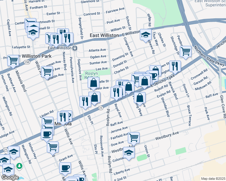 map of restaurants, bars, coffee shops, grocery stores, and more near 56 Brown Street in Mineola