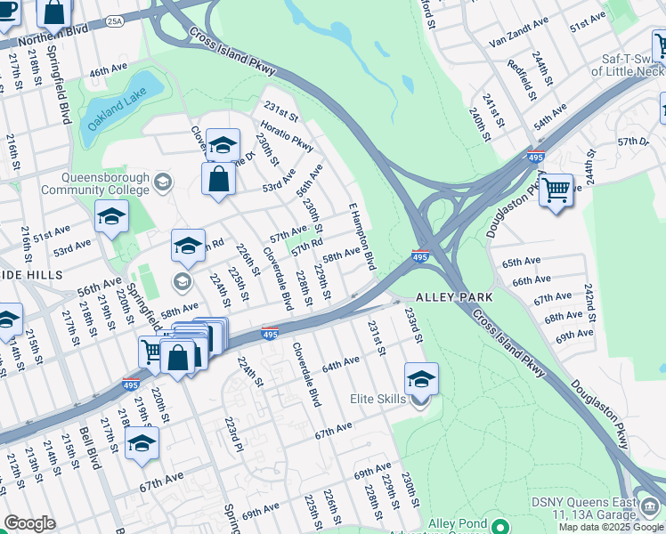 map of restaurants, bars, coffee shops, grocery stores, and more near 230-01 58th Avenue in Queens