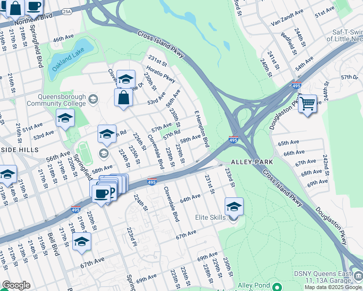 map of restaurants, bars, coffee shops, grocery stores, and more near 230-01 58th Avenue in Queens