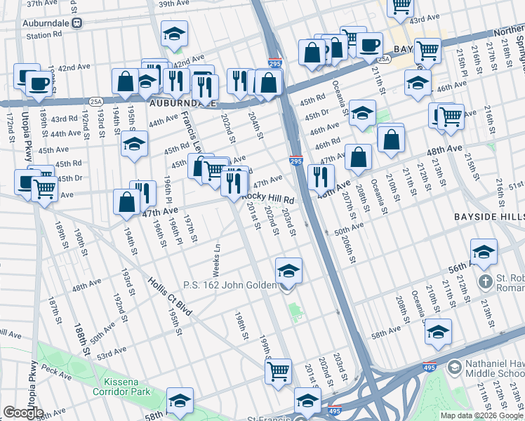 map of restaurants, bars, coffee shops, grocery stores, and more near in Queens