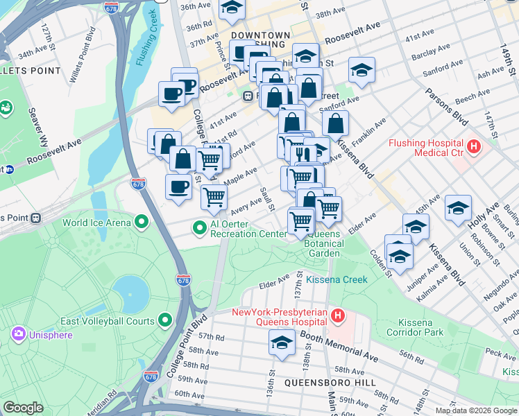 map of restaurants, bars, coffee shops, grocery stores, and more near 132-71 Avery Avenue in Queens