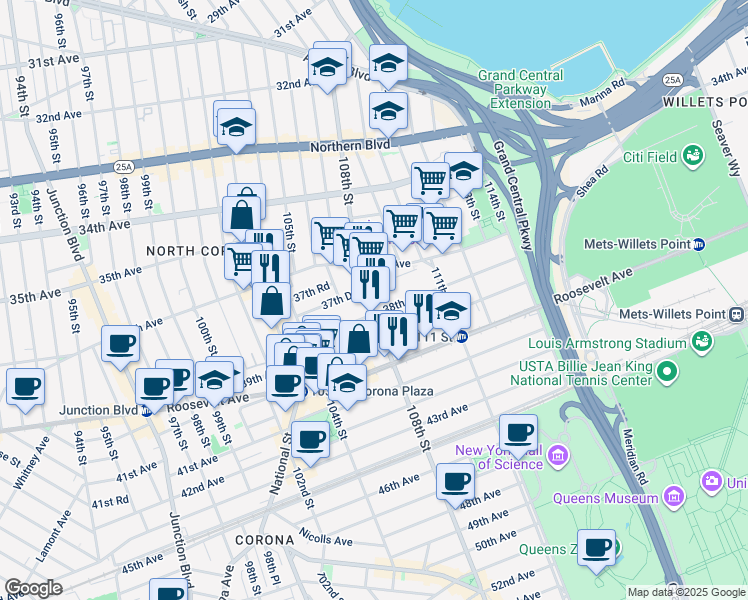 map of restaurants, bars, coffee shops, grocery stores, and more near 37-17 108th Street in Queens