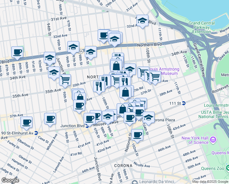 map of restaurants, bars, coffee shops, grocery stores, and more near 35-34 102nd Street in Queens