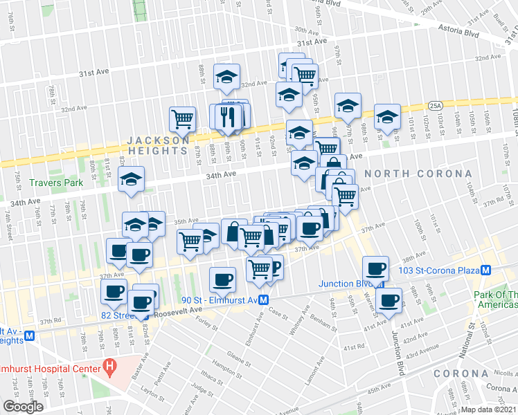 map of restaurants, bars, coffee shops, grocery stores, and more near 34-31 91st Street in Queens