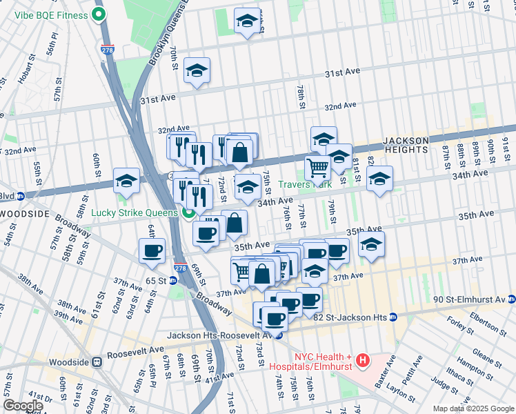 map of restaurants, bars, coffee shops, grocery stores, and more near 33-42 74th Street in Queens