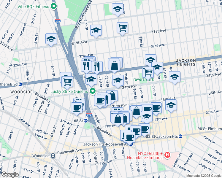 map of restaurants, bars, coffee shops, grocery stores, and more near 33-34 72nd Street in Queens