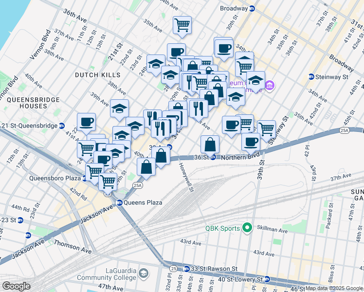 map of restaurants, bars, coffee shops, grocery stores, and more near 38-03 31st Street in Queens